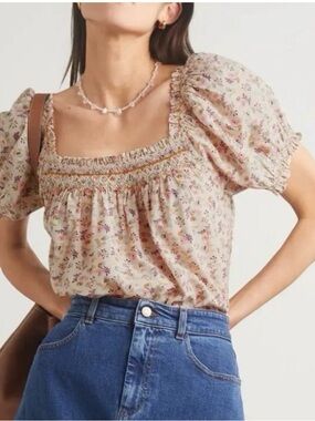 DÔEN Henri Floral Smocked Puff Sleeve Blouse XS | Cottagecore Romantic Top